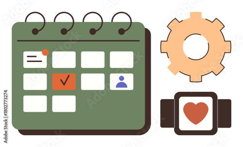 Organized calendar with marked tasks, a gear symbolizing system processes, and a smartwatch with a heart emoticon. Ideal for productivity, time management, organization, workflow automation, health