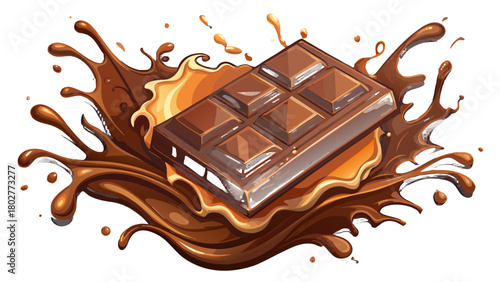 Ultra realistic dark chocolate bar with dramatic cocoa liquid splash effect around it, rich glossy chocolate texture, high-contrast studio lighting, droplets frozen mid-motion
