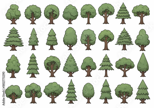 A grid of 48 distinct cartoonstyle illustrations of trees deciduous and coniferous