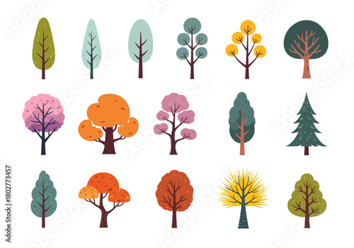 An array of fifteen stylized isolated illustrations of diverse deciduous and coniferous trees