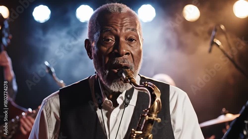 elderly saxophonist on smoky stage delivering soulful jazz solos in intimate club setting with warm backlights, expressive facial emotion, vintage saxophone and backing band silhouettes