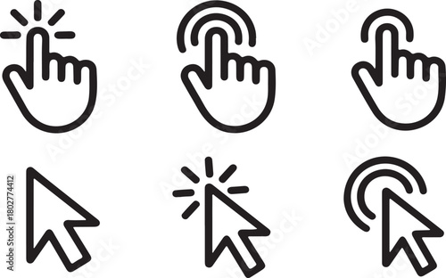 Black outline icons display hand cursor and mouse pointer clicking or selecting, transparent background