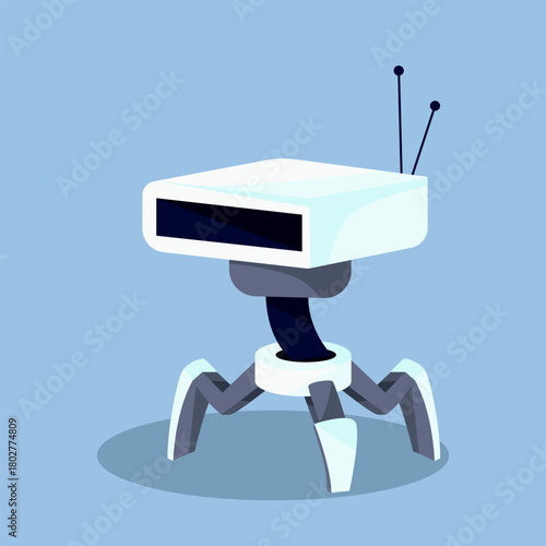 Stylized futuristic robot with antenna and tripod legs in a modern cartoon style on a blue background. Concept of artificial intelligence. Vector illustration