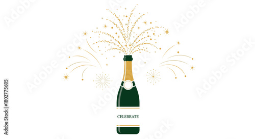 Effervescent champagne bottle explodes with golden confetti and celebratory bursts, perfect for announcing special occasions and joyous milestones.