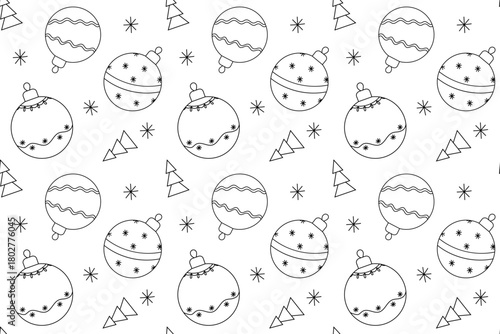 Seamless vector contour pattern in black and white. The pattern consists of many Christmas tree balls of the same size with different geometric lines Christmas trees and snowflakes.