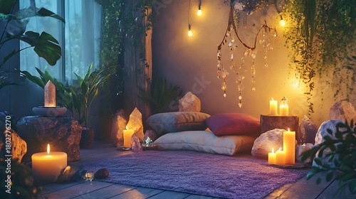 Cozy meditation room with crystals and candles