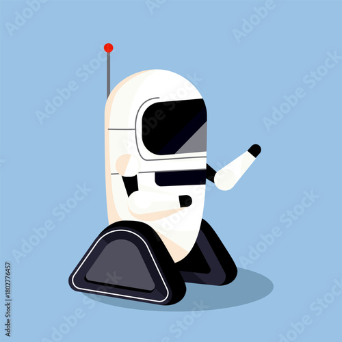 White futuristic robot character with black screen face and wheels, minimal cartoon style, isolated on blue background. Concept of AI tech. Vector illustration