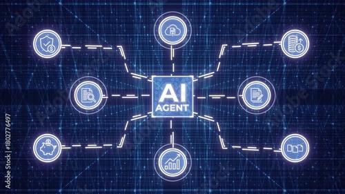 AI agent workflow visual connections to essential digital sectors, highlighting advanced integration and intelligent automation
