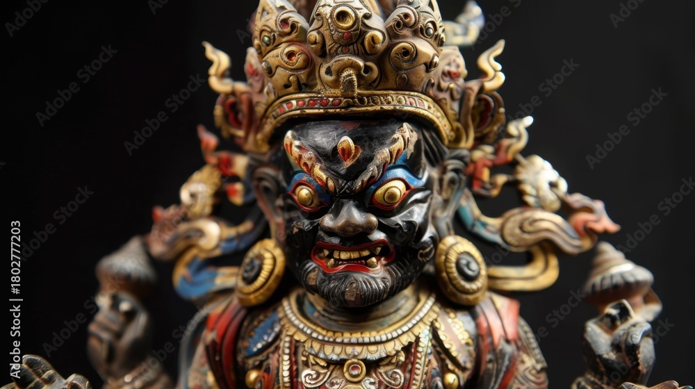 Fototapeta premium A detailed statue of a fierce deity with multiple arms and a menacing expression. The figure is adorned with intricate jewelry and vibrant colors against a dark background.