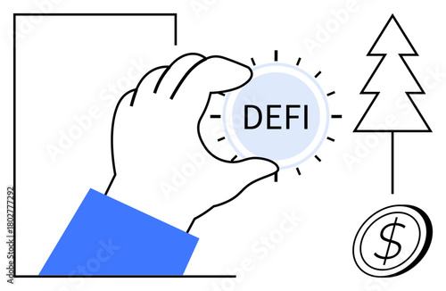 Hand grasping DeFi coin, tree representing growth, and dollar coin highlighting finance. Ideal for cryptocurrency, blockchain, green investment, fintech, economy, innovation and financial literacy