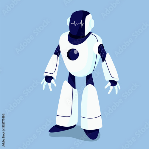 Stylized humanoid robot with sleek white and navy panels, flat graphic style, standing on light blue background. Concept of AI and robotics. Vector illustration