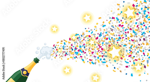 Champagne bottle erupts with vibrant confetti and glowing stars celebrating festive moments and joyful occasions with dynamic energy