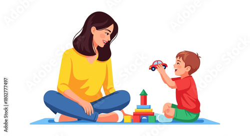 Joyful mother and son building colorful blocks and playing with a toy car, creating cherished childhood memories together in a warm, engaging scene.