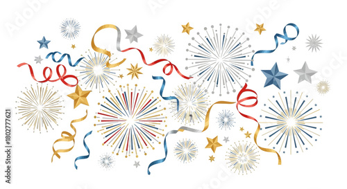 Vibrant fireworks and festive ribbons explode in a dynamic celebration of freedom and joy, perfect for patriotic holidays and grand events.