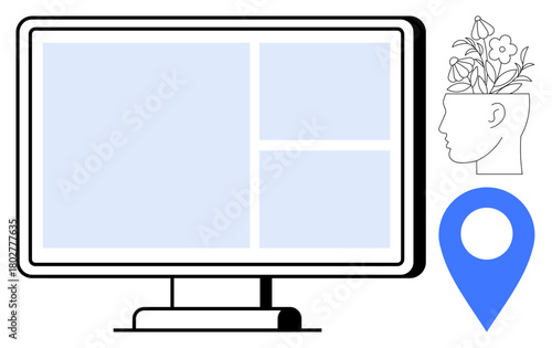 Computer monitor with interface layout, human head with blooming ideas, and map pin signifying location. Ideal for creativity, innovation, location-based services, productivity, online platforms