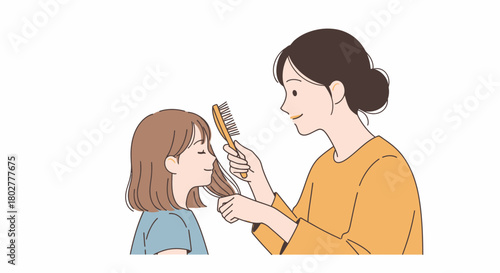 Loving mother gently combs her daughter's hair, creating a heartwarming moment of care and connection in a simple, modern style illustration