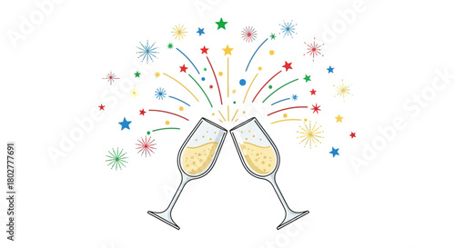 Cheers to celebration with sparkling champagne flutes and vibrant festive fireworks bursting in a joyful, dynamic display