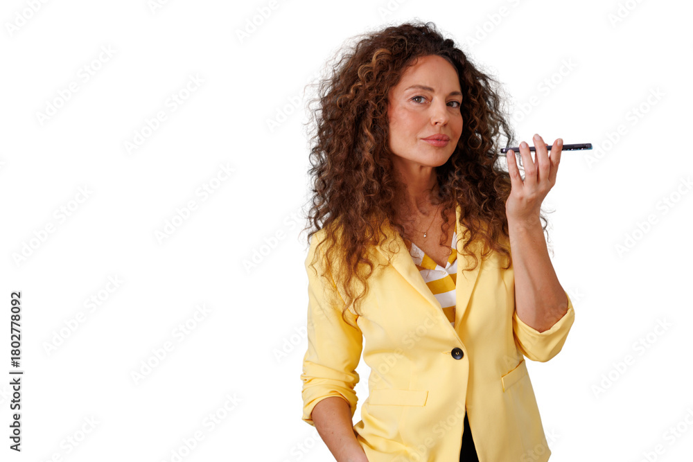 Obraz premium Woman sending or receiving an audio message on mobile phone, staying connected, using modern communication technology