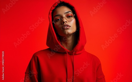 Fashion model posing in oversized red hoodie on red background. High quality