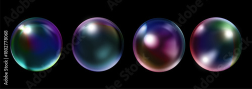 Realistic glossy rainbow ball.Abstract 3D light bubble with glare.Geometric abstract iridescent liquid shape. Vector illustration