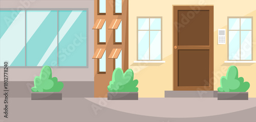 Facade of urban residential buildings with windows, door, keypad, and potted plants in flat graphic style on a city street. Vector illustration