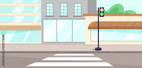 City street scene with pedestrian crosswalk, storefronts, and green traffic light in flat style on a clear background. Urban safety concept. Vector illustration