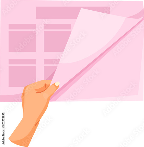 Human hand flipping a translucent digital web page screen, flat graphic style, isolated on white background. Vector illustration