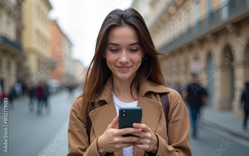 Attractive young caucasian brunette girl using smartphone in street. Model looks at camera, wears casual clothes. Leisure concept, online communication. High quality
