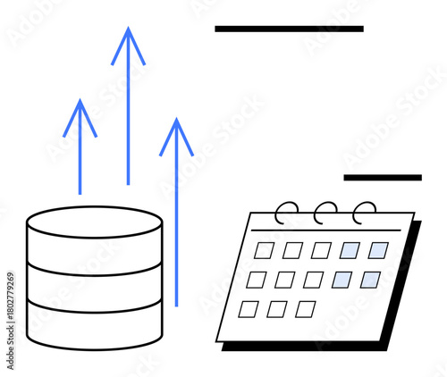 Database diagram with upward arrows next to a calendar, representing data growth, analytics, planning, and growth strategies. Ideal for business, technology, strategy, analysis scheduling