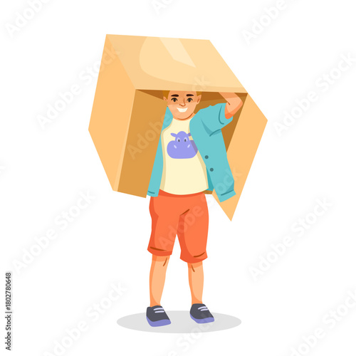 Happy boy wearing a box on his head, colorful cartoon style on white background. Concept of childhood fun, imagination, and creativity. Vector illustration