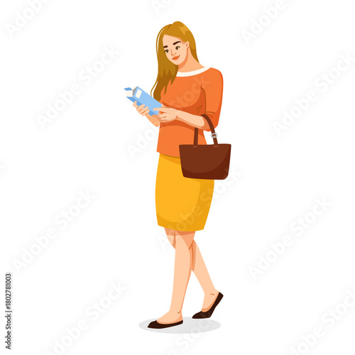Young woman reading product packaging while standing, cartoon style on white background. Concept of consumer awareness. Vector illustration