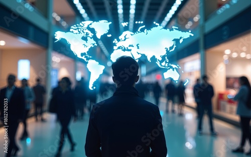 E-commerce Revolution, Back view of people in a shopping mall with world map and digital interface, Toned image double exposure, futuristic digital shopping. High quality