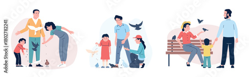 Family feeding birds. Mother father and children giving seeds to flying and walking bird. Outdoor entertainment, walk with parents on nature, vector scenes