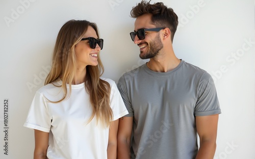 A beautiful woman with long hair and sunglasses stands next to her boyfriend in a plain white t-shirt and gray t-shirt, mock-up photography for an online store of a minimalist bran. High quality