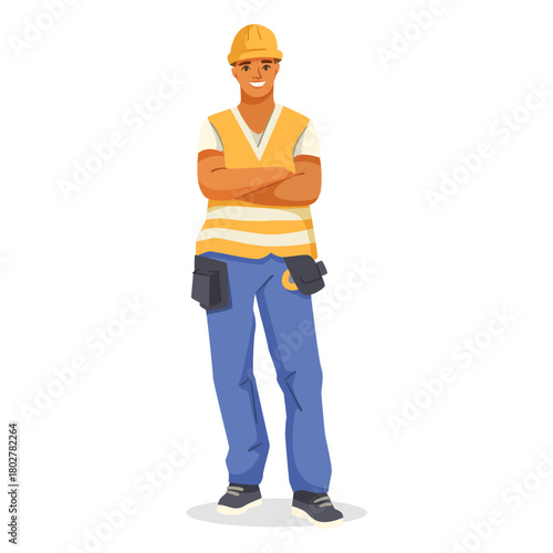 Male construction worker in uniform and hard hat smiling with arms crossed on white background. Concept of labor, safety, workforce. Vector illustration