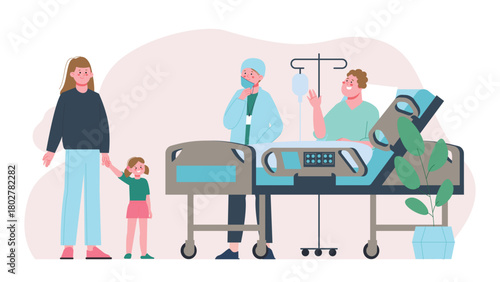 Family visit to hospital. Mother and daughter come to look at father. Medicine concept, healthcare. Adults and children, doctor character, vector scene