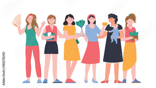 Housewives characters. Group of female with different home appliances, plates, rags, plants and child. Flat housewife, funny vector women crowd