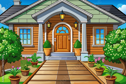 A stylish suburban home entrance with a wooden path leading to the front door, decorative potted lawn, modern exterior design, inviting residential facade and well-maintained landscaping that creates 