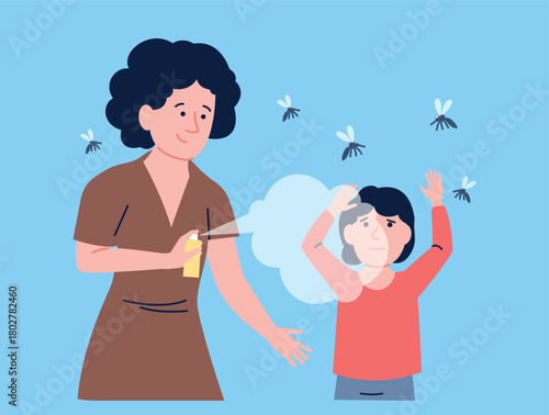 Mother protects child from mosquitoes with special spray. Kid safety, toddler frightenedly brushes off insects flying around. Seasonal problems vector scene
