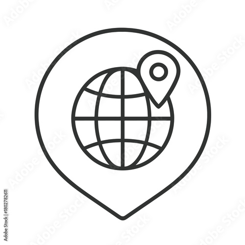 Minimalist world-map sphere with pin outline in circular marker, black vector for tracking tools, global freight systems, and distribution networks.