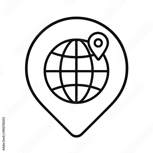 Thin line globe with location icon inside circle pin, black vector representing global logistics, international distribution, and worldwide supply chain flow.