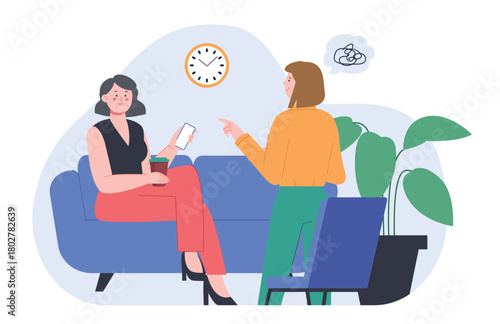 Woman talking about problems. Female chatting. Psychologist session with client. Finding troubles solution, new look on lifestyle, girl support, vector concept
