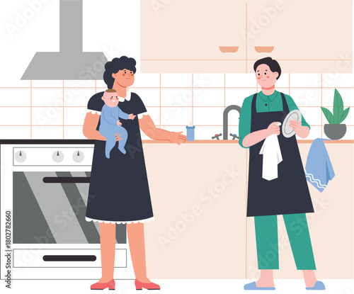 Young family on kitchen. Woman feeding baby on hand, man wash and dries dishes with towel. Household, parents with newborn child, vector scene