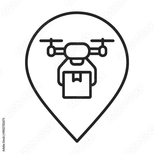 Minimalist drone-and-box outline in map pin, black vector for tracking tools, distribution platforms, and autonomous delivery systems.
