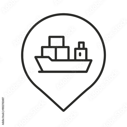Minimalist ship-and-containers outline in circular marker, black vector for freight platforms, distribution networks, and maritime transport tools.