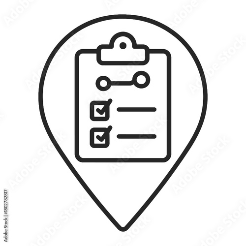 Minimalist checklist-with-nodes outline in map pin, black vector for responsible AI tools, governance systems, and audit dashboards.