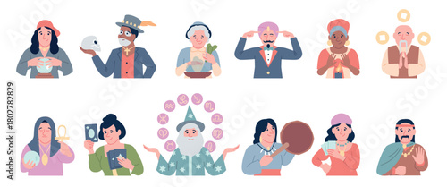 Fortune tellers. Actors with magic tools and equipment. Magicians, future teller, tarot reading, astrologers, shamans. Circus show recent vector characters