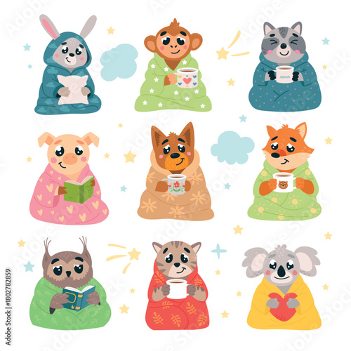 Cute animal in cozy warm blanket. Raccoon fox dog and cat drinking hot beverages. Animals reading and relaxing in plaids. Funny classy vector characters