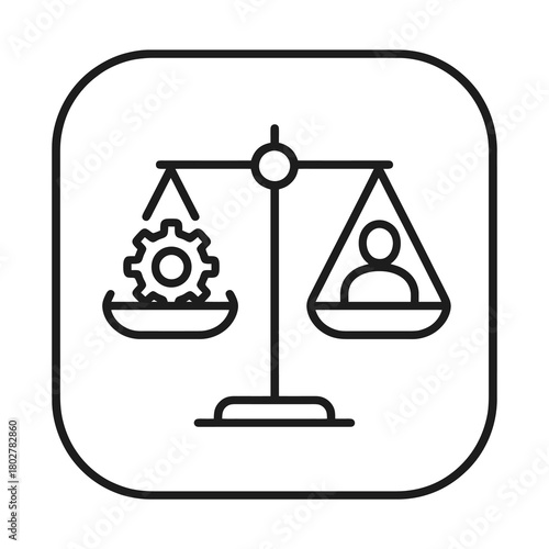 Minimalist gear-vs-human scale outline in curved-square marker, black vector for responsible AI tools, fairness auditing, and governance dashboards.