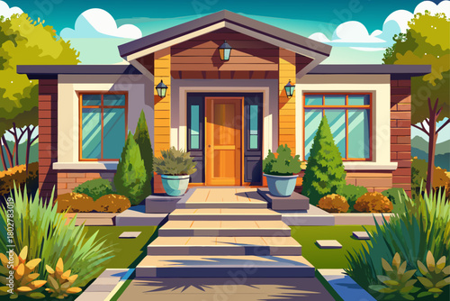 A stylish suburban home entrance with a wooden path leading to the front door, decorative potted lawn, modern exterior design, inviting residential facade and well-maintained landscaping that creates 